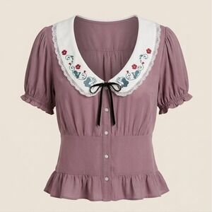 Disney Her Universe Snow White Top Mauve Empire Waist Peplum Smocked Embroidered
